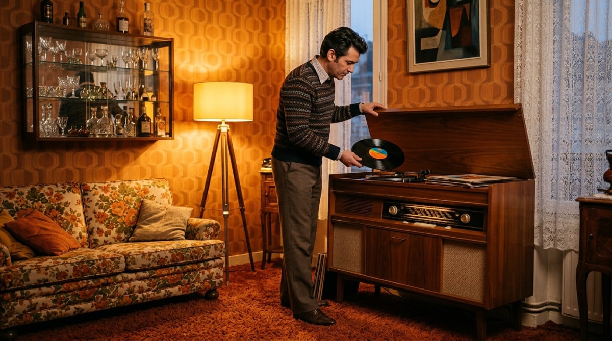 Salon français des années 60 avec combiné radio-électrophone en bois