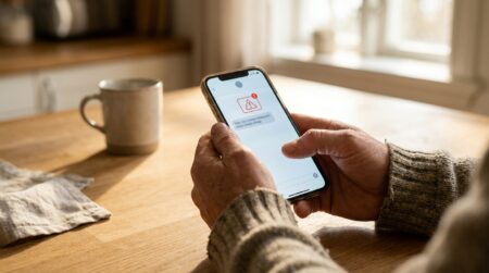 Mains tenant un smartphone Samsung affichant une notification