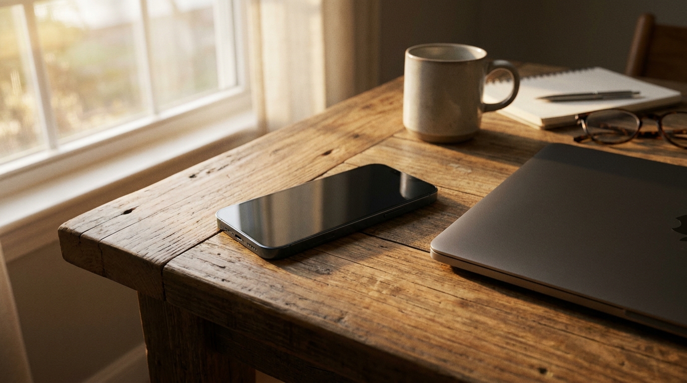 Smartphone Samsung éteint posé sur un bureau en bois