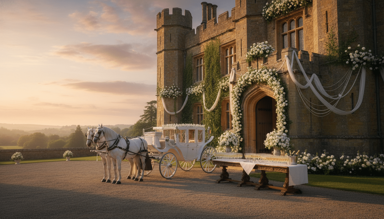 Château anglais décoré pour un mariage avec calèche et champagne
