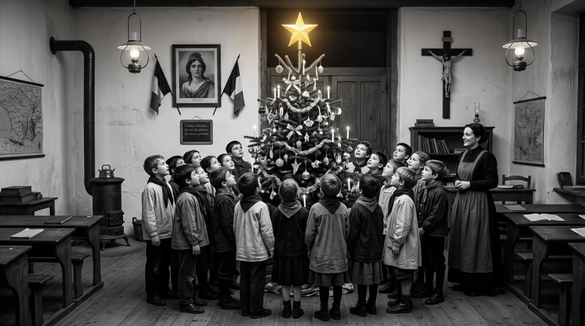 Sapin avec étoile à cinq branches dans une école française vers 1900