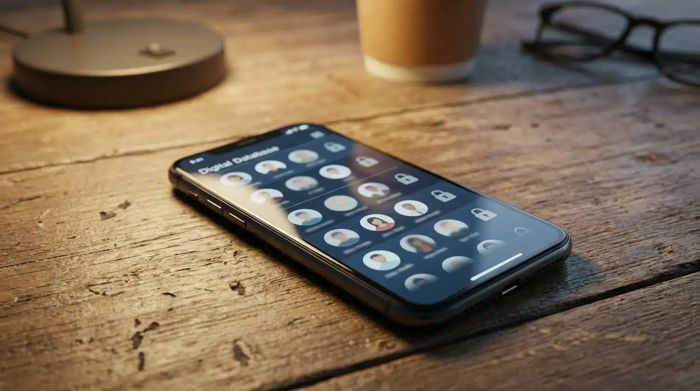 Smartphone affichant une interface de base de données avec des icônes de profils floutés