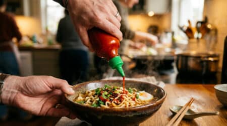 Sauce Sriracha versée sur un bol de nouilles