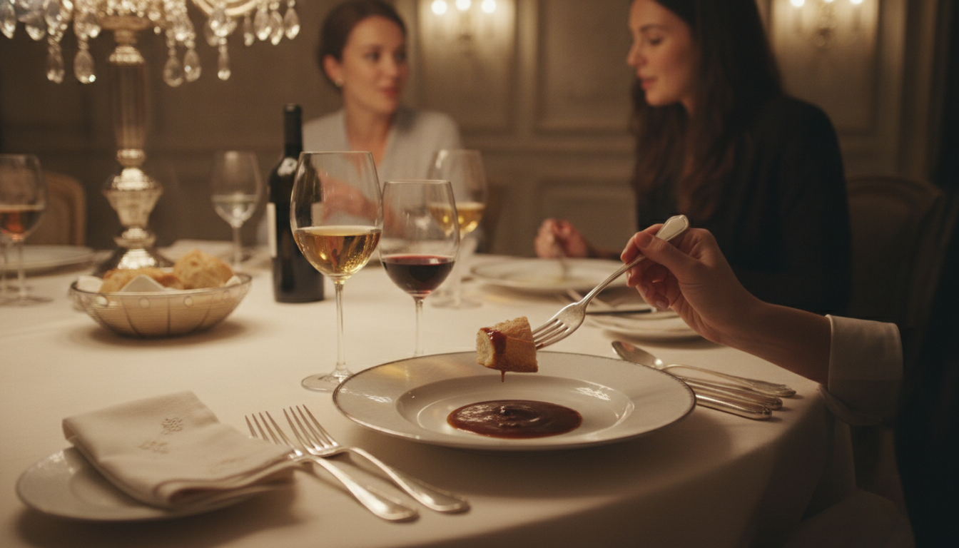 Femme sauçant élégamment son assiette à la fourchette