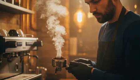 Barista tenant un porte-filtre de café moulu