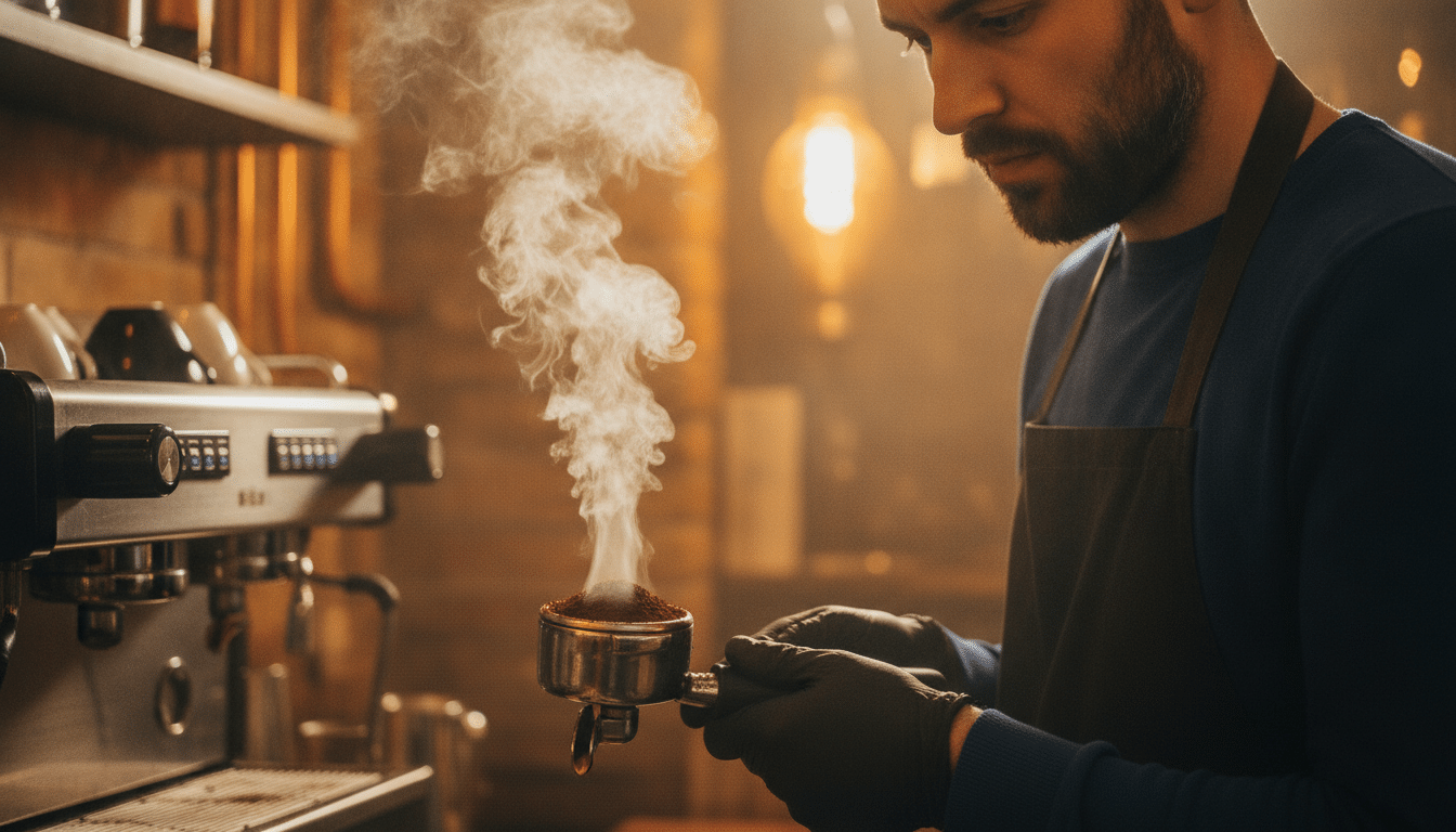 Barista tenant un porte-filtre de café moulu