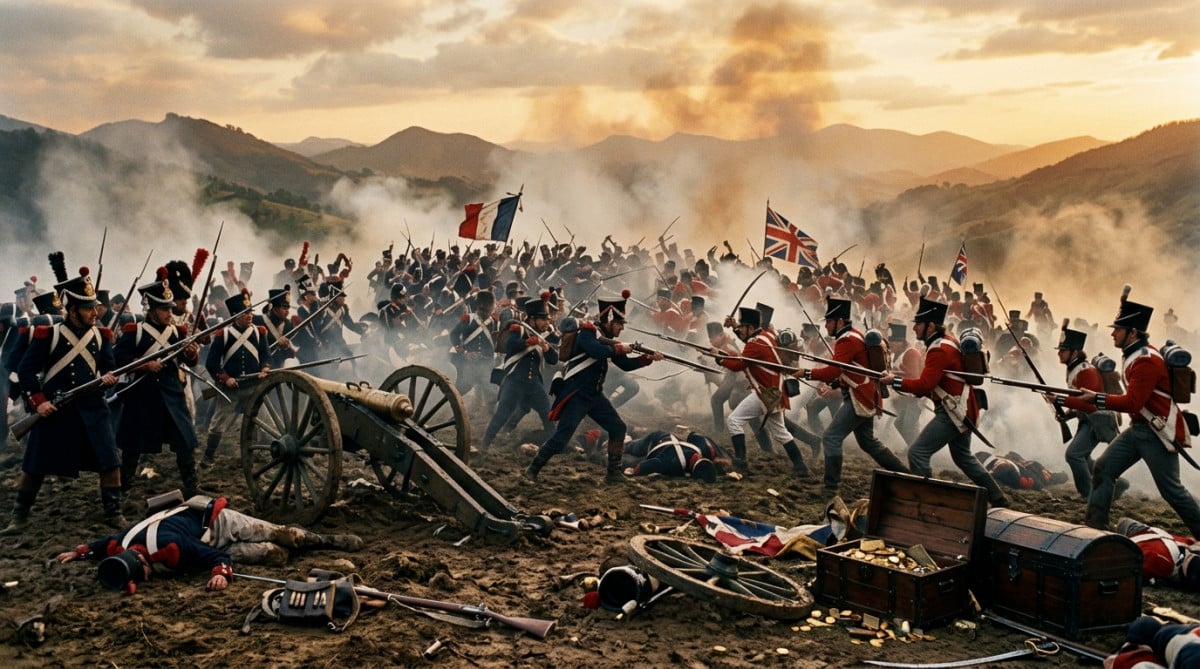 Scène de la bataille de Vitoria entre troupes françaises et britanniques en 1813