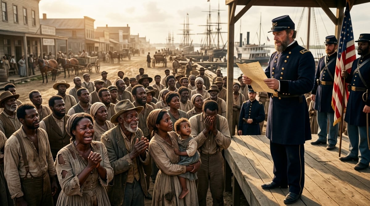 Scène historique de la proclamation de liberté des esclaves à Galveston en 1865