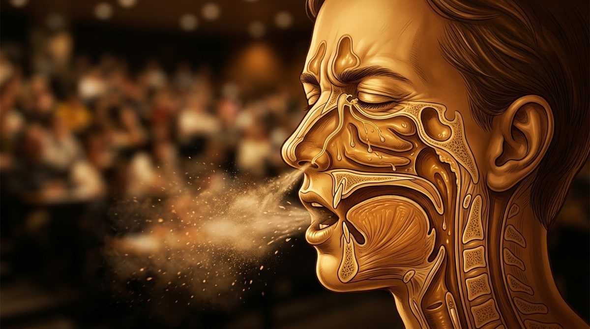 Schéma anatomique du visage pendant un éternuement