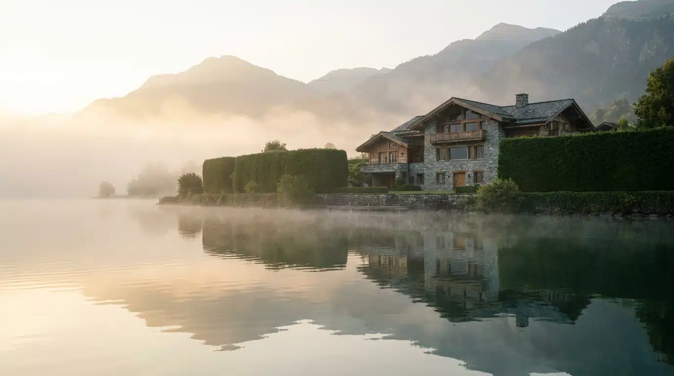 Propriété suisse au bord d'un lac dans la brume