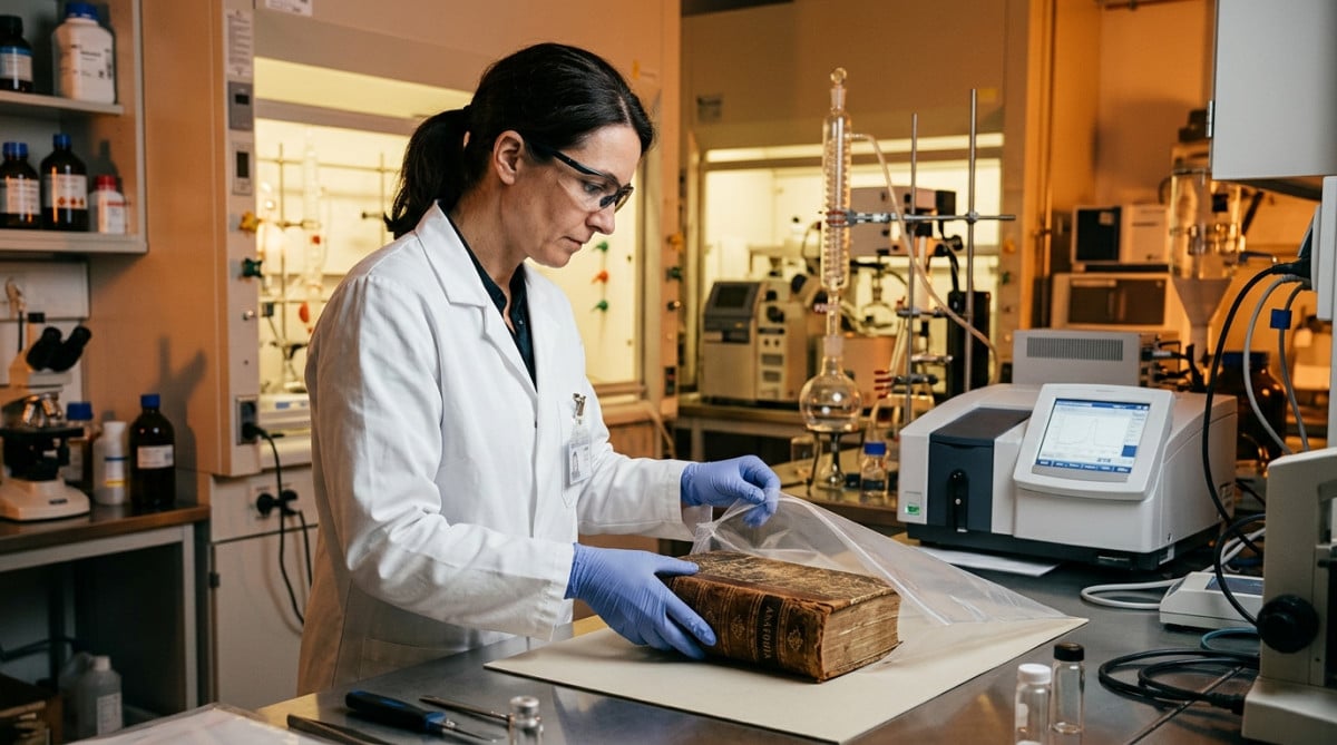 Scientifique analysant les composés chimiques d'un livre ancien