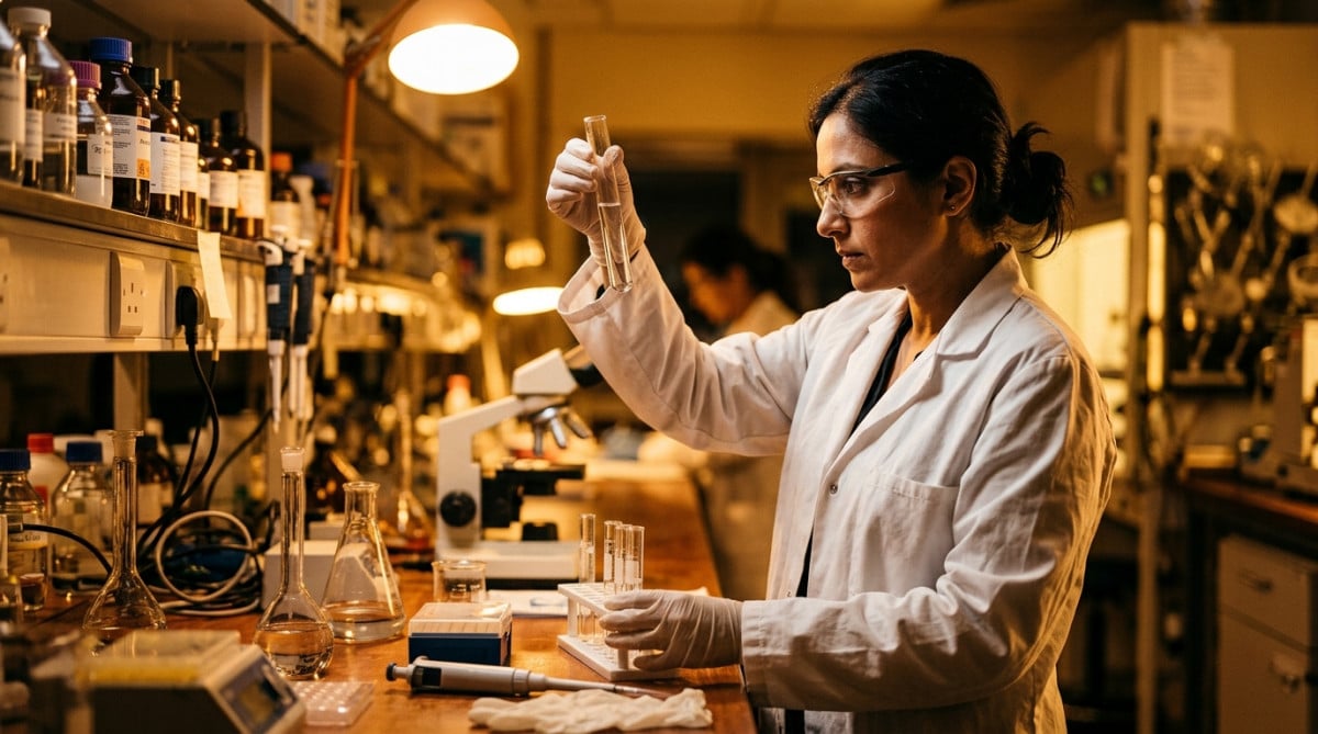 Scientifique analysant un échantillon d'eau en laboratoire
