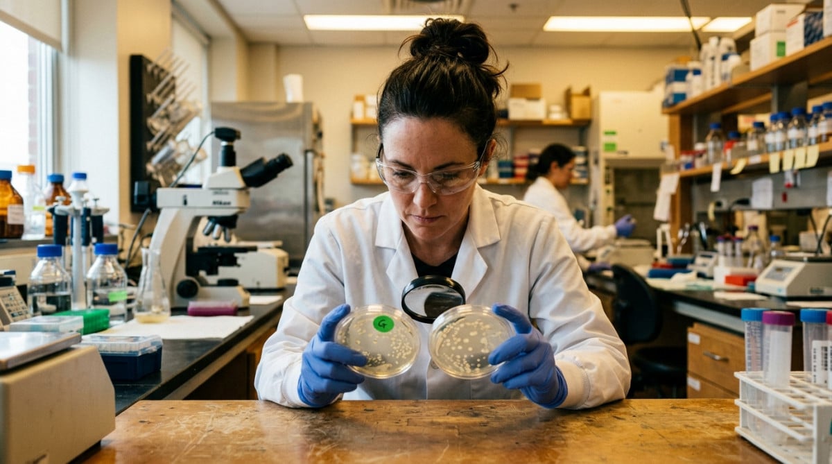 Scientifique comparant deux boîtes de Petri en laboratoire