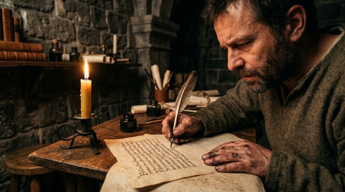 Scribe médiéval écrivant en ancien français à la plume
