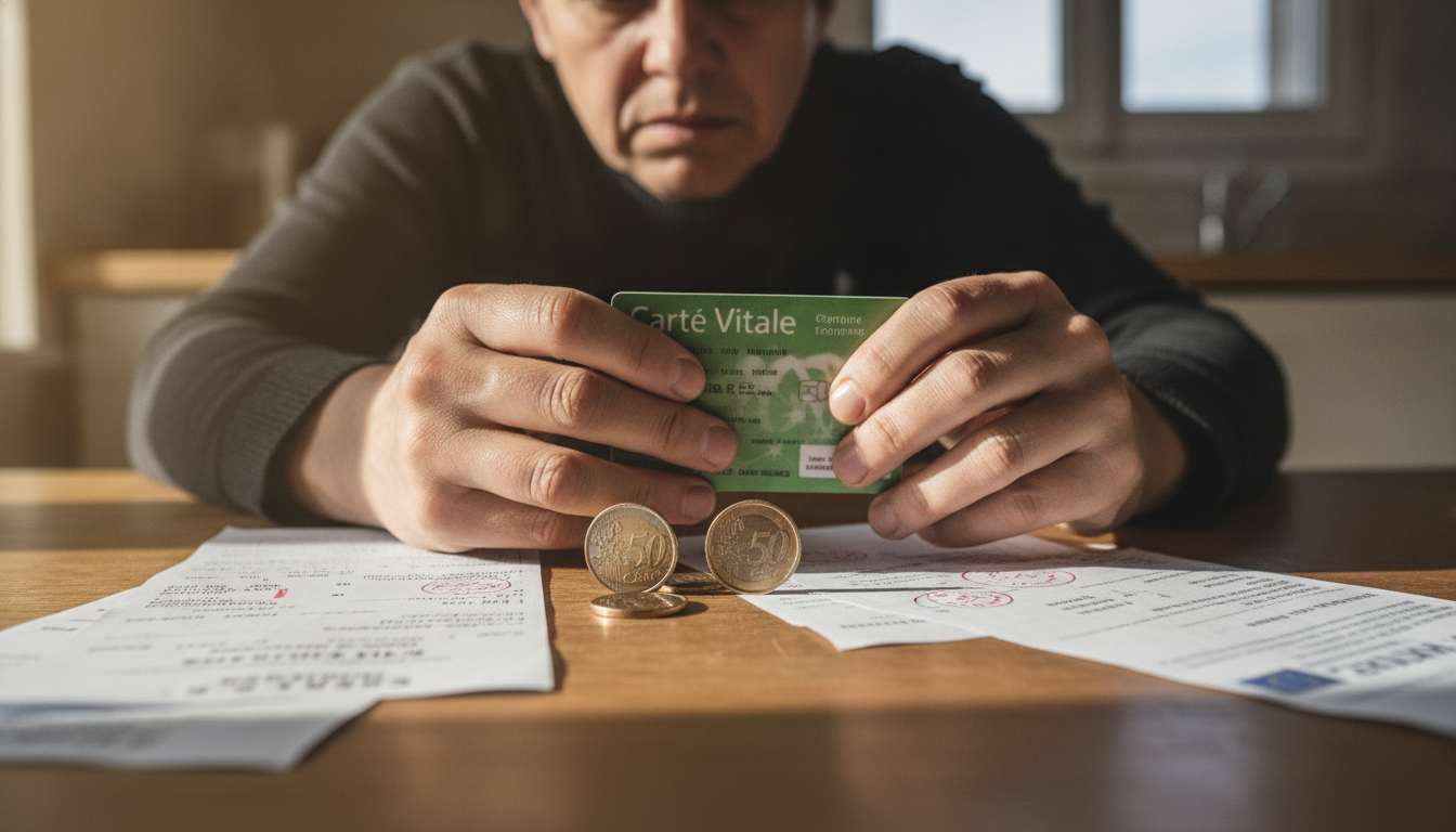 Main tenant une carte Vitale et des pièces de monnaie