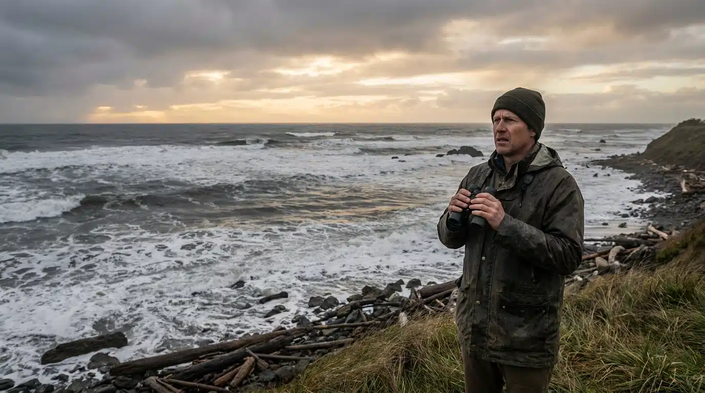 Personne observant l'océan Pacifique depuis les hauteurs avec inquiétude