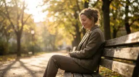 Femme pensive assise seule sur un banc au coucher du soleil