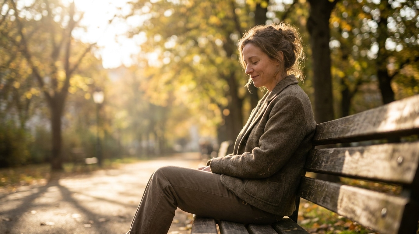 Femme pensive assise seule sur un banc au coucher du soleil