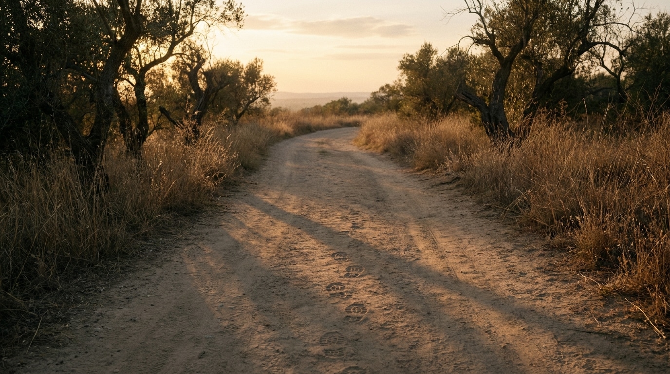 Chemin solitaire au crépuscule avec lumière dorée
