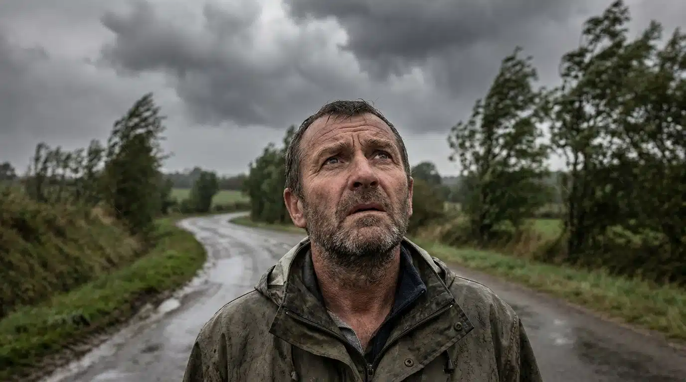 Homme inquiet observant un ciel d'orage en France