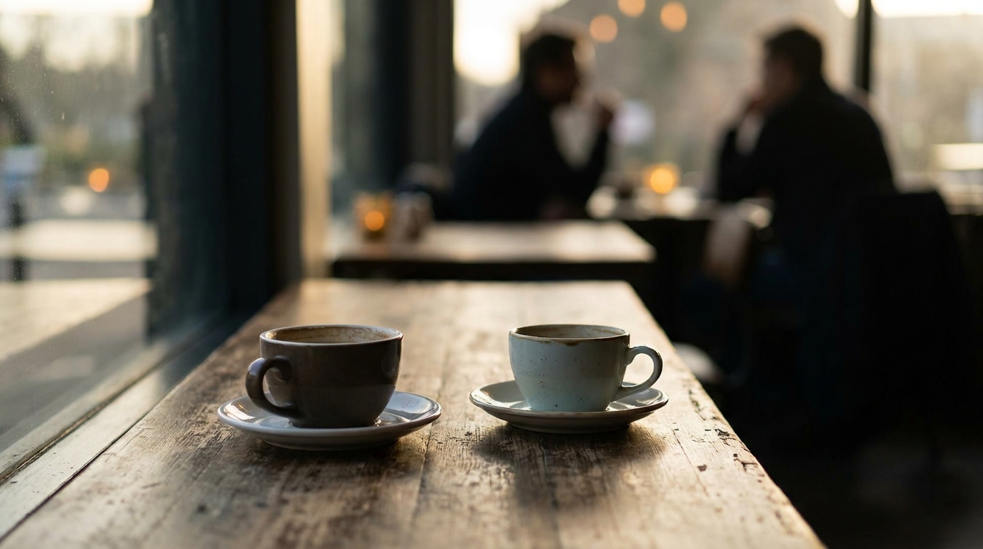 Deux tasses de café sur une table en bois dans un café chaleureux