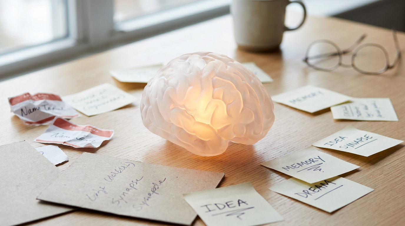 Modèle de cerveau en verre entouré d'étiquettes de prénoms éparpillées