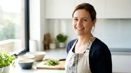 Femme souriante dans une cuisine lumineuse et ordonnée