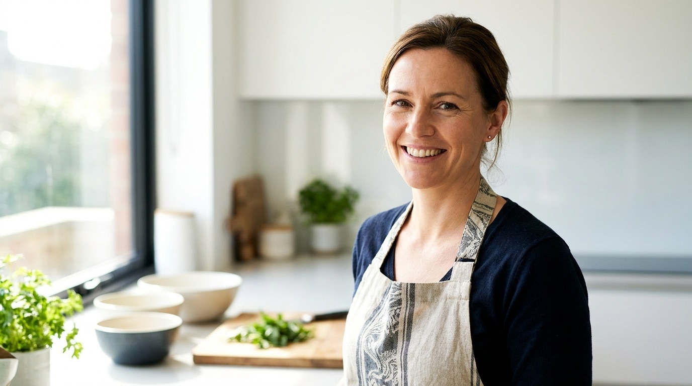 Femme souriante dans une cuisine lumineuse et ordonnée