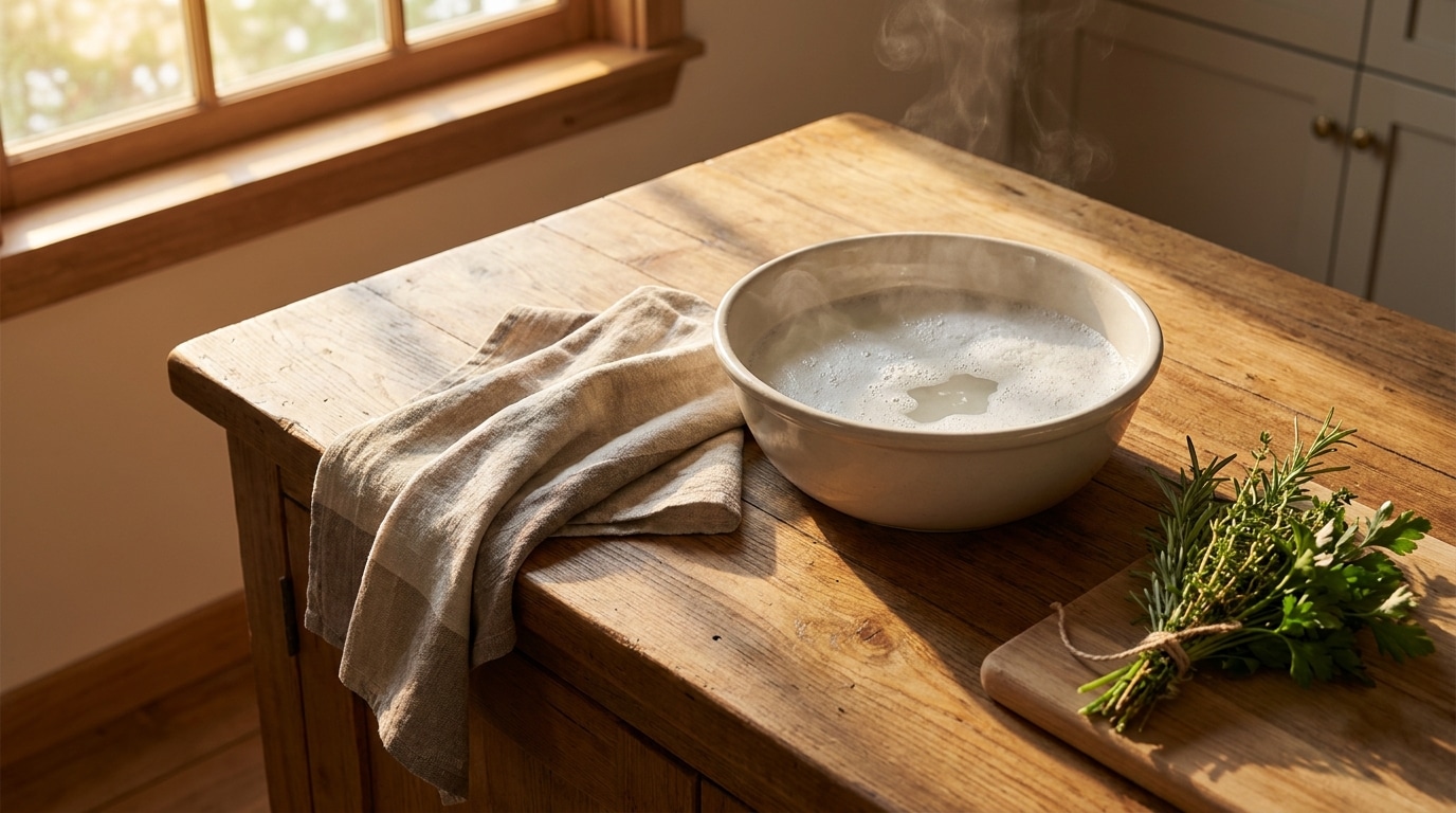 Bassine d'eau savonneuse sur un plan de travail en bois propre
