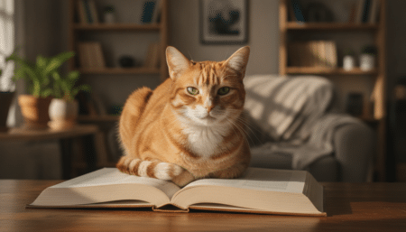 Chat roux assis sur un livre ouvert