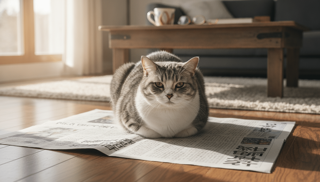Chat gris posé au milieu d'un journal déplié
