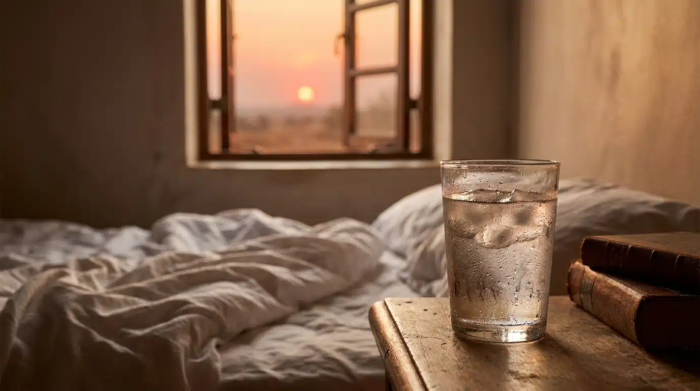 Verre d'eau sur table de nuit dans chambre chaude
