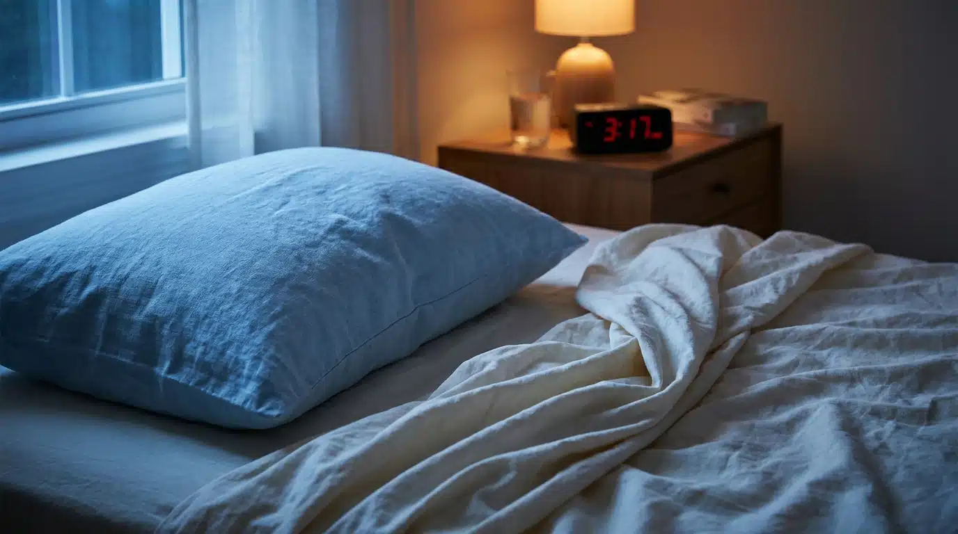 Lit défait et réveil digital lors d'une nuit de canicule