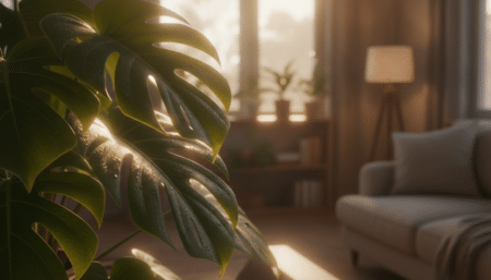 Feuilles tropicales avec gouttelettes d'eau en intérieur