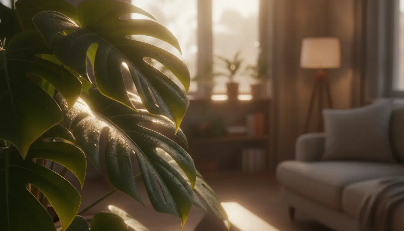 Feuilles tropicales avec gouttelettes d'eau en intérieur