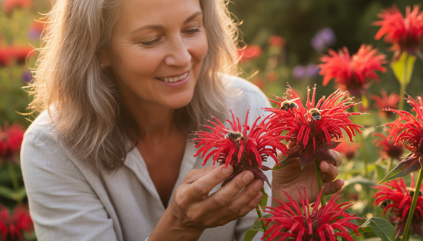 Femme souriante touchant des fleurs de monarde rouges avec abeilles