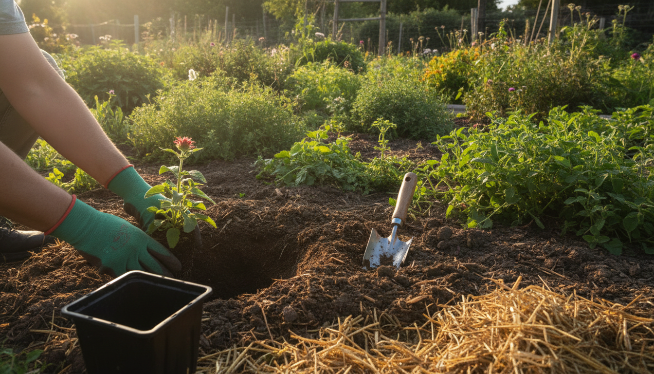 Plantation d'un pied de monarde en godet dans un jardin ensoleillé