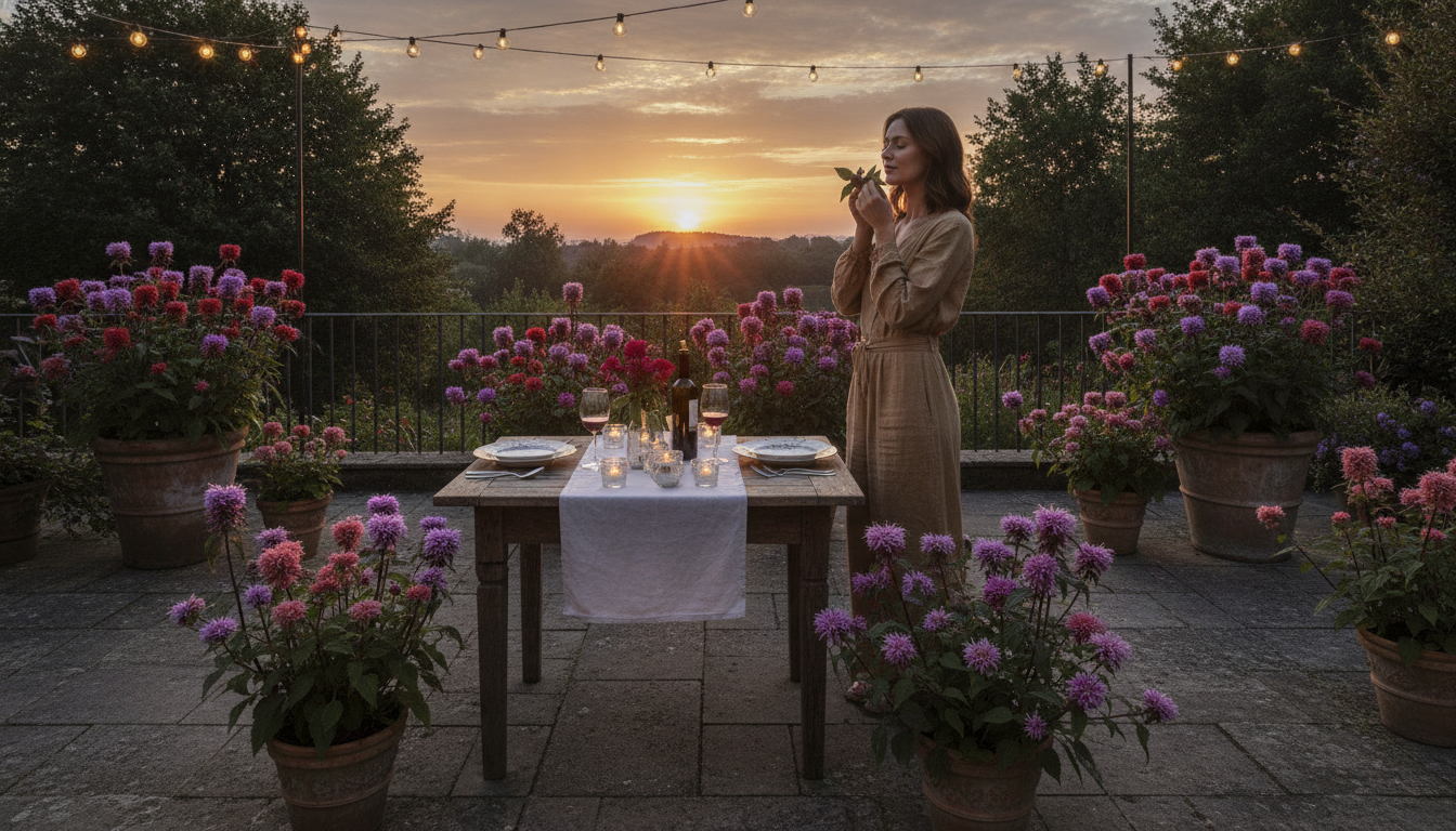 Feuilles de monarde froissées sur une terrasse le soir en été