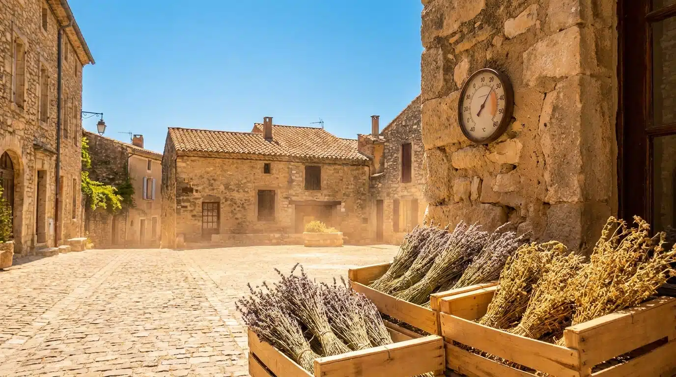 Thermomètre affichant une chaleur extrême sur une place de village provençal