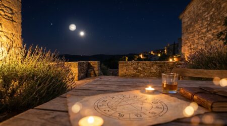 Ciel étoilé avec Jupiter visible depuis une terrasse d'été