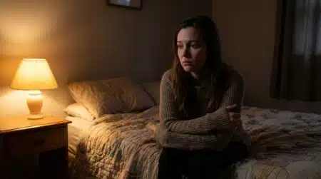Jeune femme assise seule au bord d'un lit