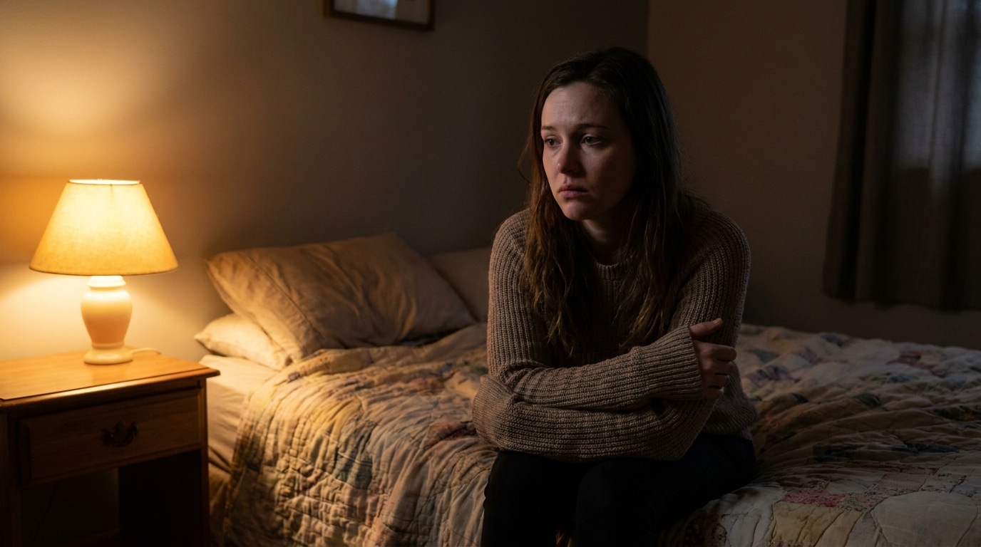 Jeune femme assise seule au bord d'un lit