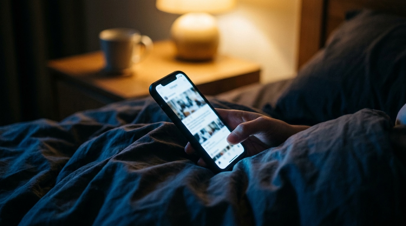 Écran de smartphone éclairant des draps dans la pénombre