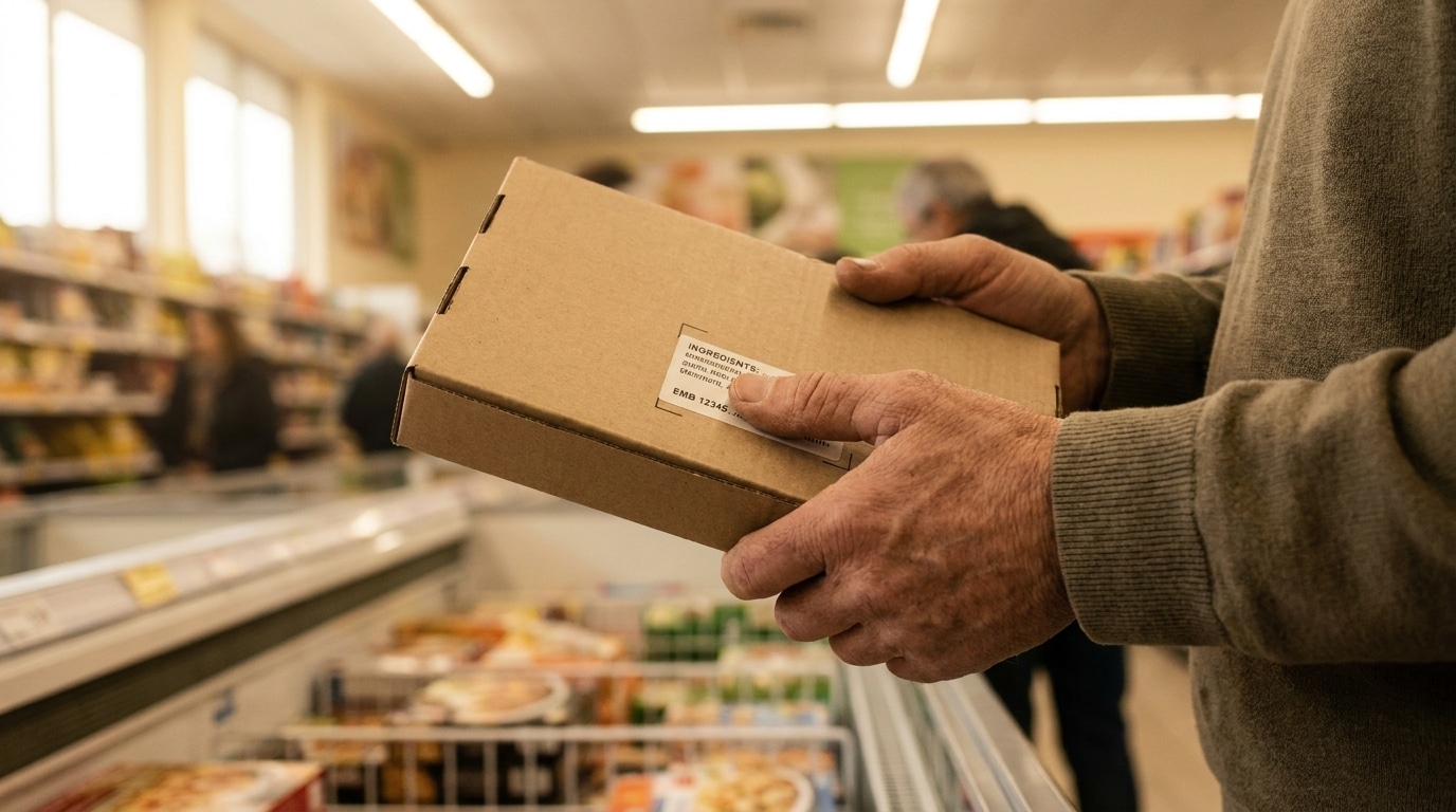 Mains retournant un emballage surgelé pour lire l'étiquette