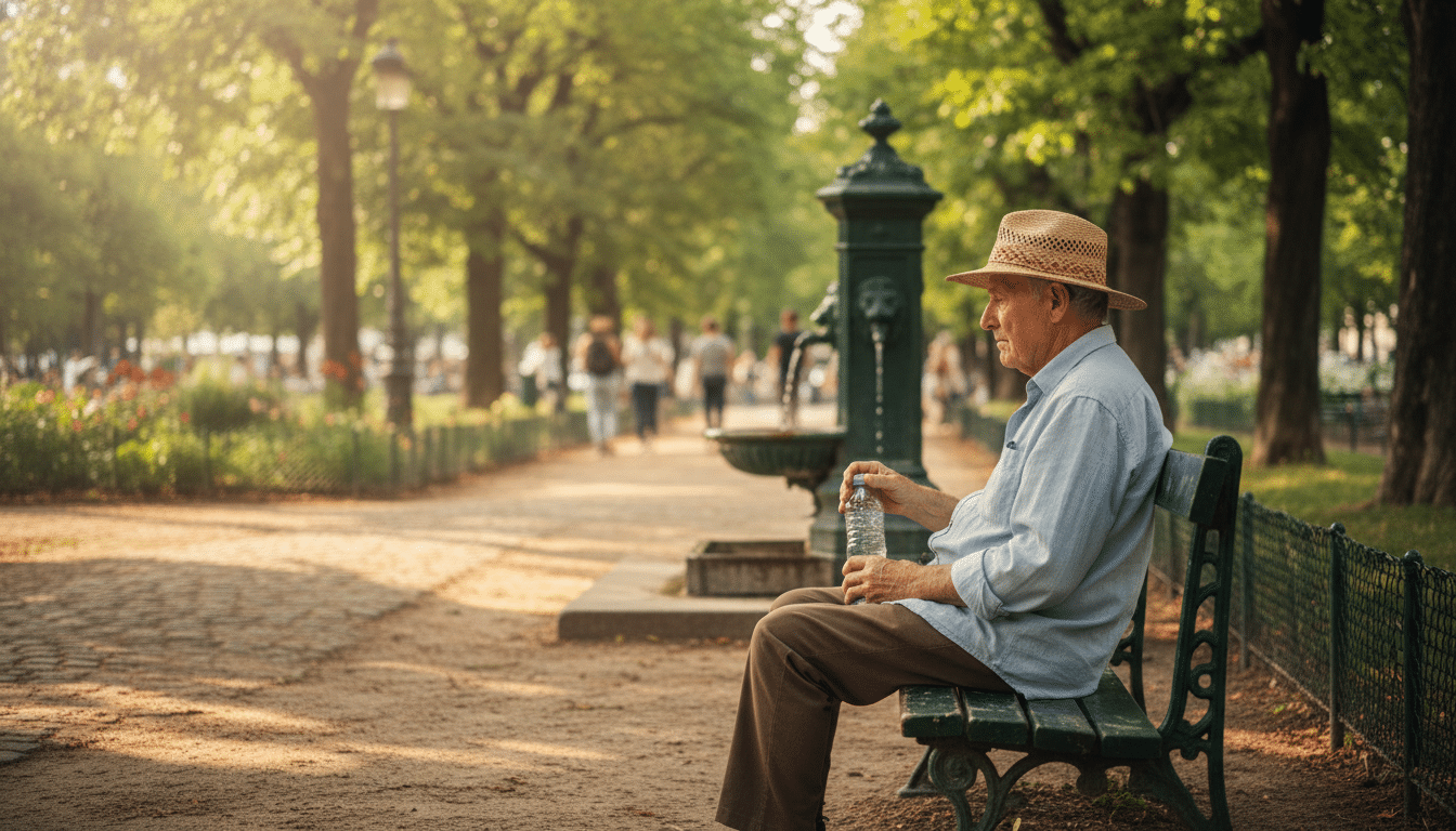 Homme âgé s'hydratant sur un banc dans un parc parisien