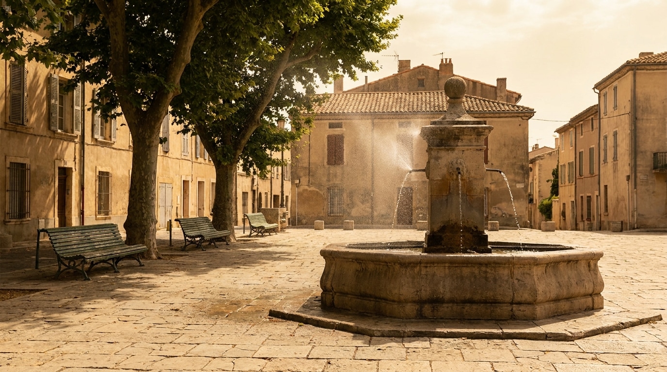 Fontaine de brumisation dans une ville française en pleine chaleur