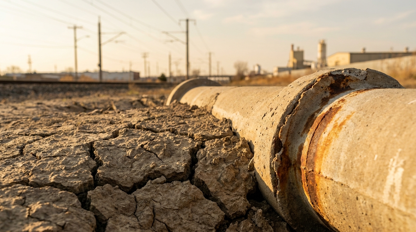 Terre craquelée près d'une canalisation urbaine vétuste