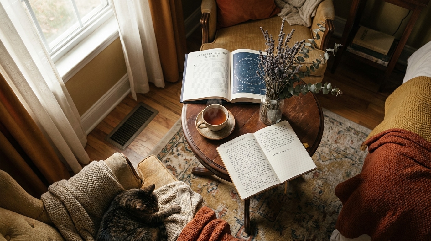 Livre d'astrologie ouvert sur une table avec tasse de thé