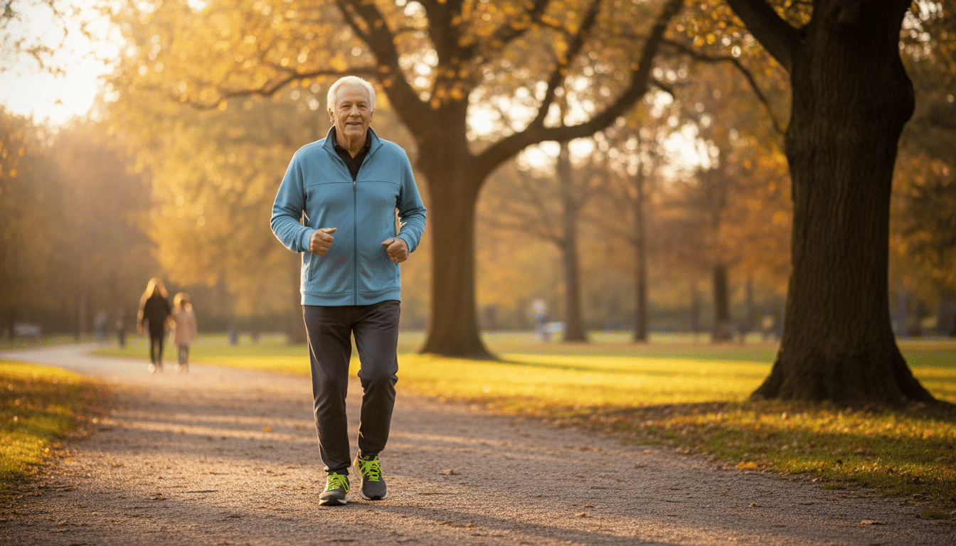 Homme senior marchant activement dans un parc ensoleillé