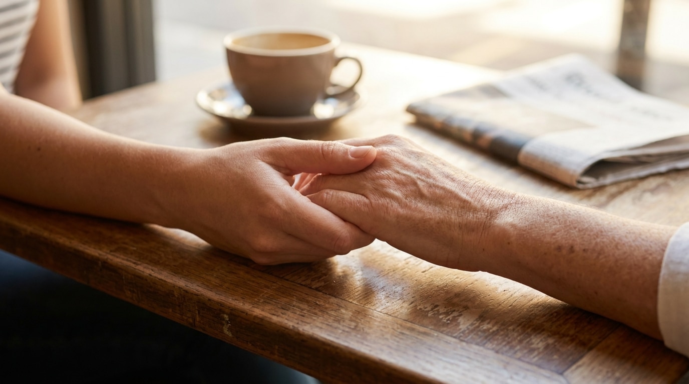 Deux mains entrelacées sur une table de café